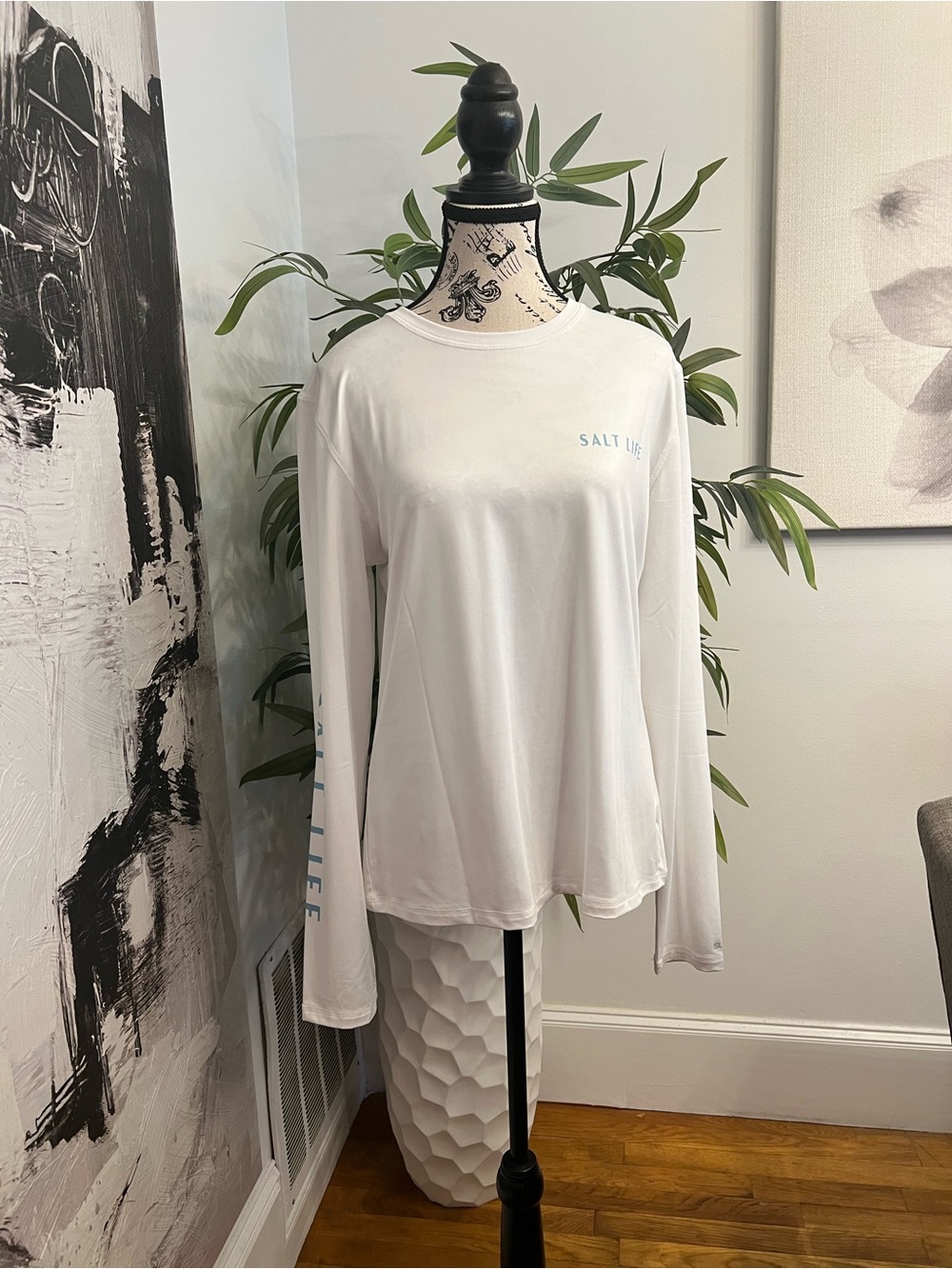 Salt Life White Long Sleeve Performance Shirt with Light Blue Logo